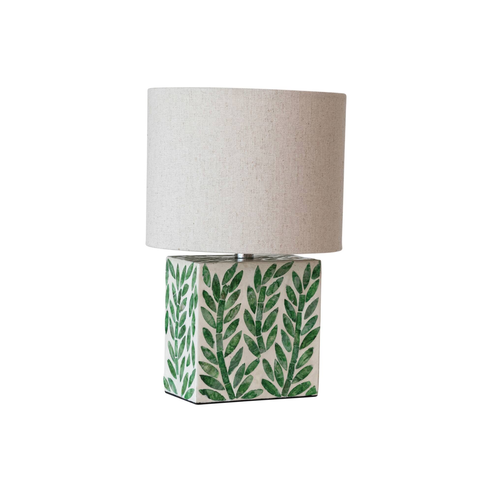 Hello Honey® 14" Green Botanical Pattern Reclaimed Wood & Shell Table Lamp with Linen Shade, 2ct.